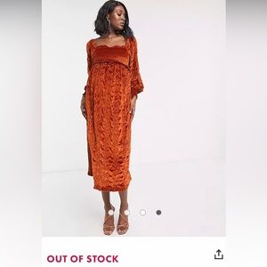 ASOS DESIGN Maternity velvet broderie shirred midi dress in rust
